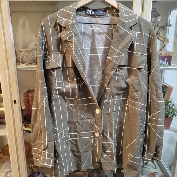 ZARA Khaki Green Oversized Relaxed Geometric Print Lightweight Blazer XS - Picture 4 of 8
